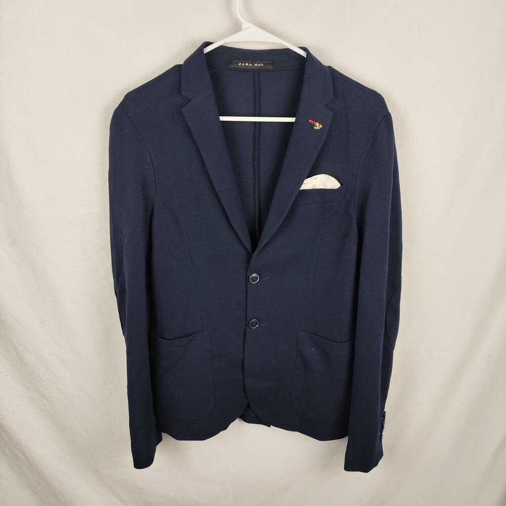 Zara Man Blazer Mens 36 Blue Jersey Knit 2 Button Casual Sport Coat Notch Lapel